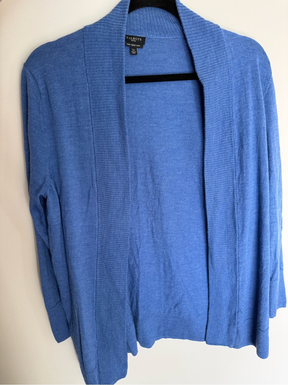Talbots Blue Open-Front Women’s Sweater Cardigan, Merino Wool, L-P